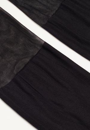 Black silk stockings with a semi-sheer top section, featuring smooth texture and subtle shine, transitioning to a opaque lower part.
