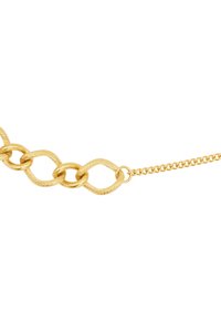 Bracciale in oro con maglie ovali twist e un'estensione in catena a maglie fini, finitura metallica lucida e colore oro uniforme.