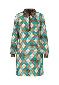 Kariertes Kleid mit einem Farbdesign in Türkis, Braun und Orange, ausgestattet mit einem Leopardenmuster-Kragen und -Manschetten sowie einer halben Knopfleiste.