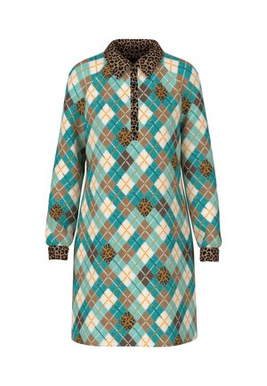 Kariertes Kleid mit einem Farbdesign in Türkis, Braun und Orange, ausgestattet mit einem Leopardenmuster-Kragen und -Manschetten sowie einer halben Knopfleiste.