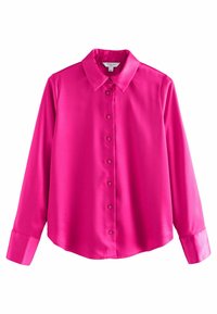 Langärmlige, leuchtend pinke Satinbluse mit spitzem Kragen, Knopfverschluss vorne und geknöpften Ärmeln. Glatte Textur mit lockerer Passform.