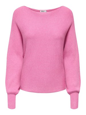 Pull en maille côtelée rose avec un large col, manches longues et poignets ajustés. Texture douce avec une coupe décontractée sur tout le corps.