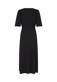 Robe midi noire avec manches courtes bouffantes, taille froncée et jupe légèrement évasée, vue de dos sur un fond blanc.