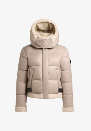 Beige Daunenjacke mit einer weichen, cremefarbenen Fleece-gefütterten Kapuze und Bündchen. Mit genähten Panels und zwei Fronttaschen. Schwarze Akzentdetails.