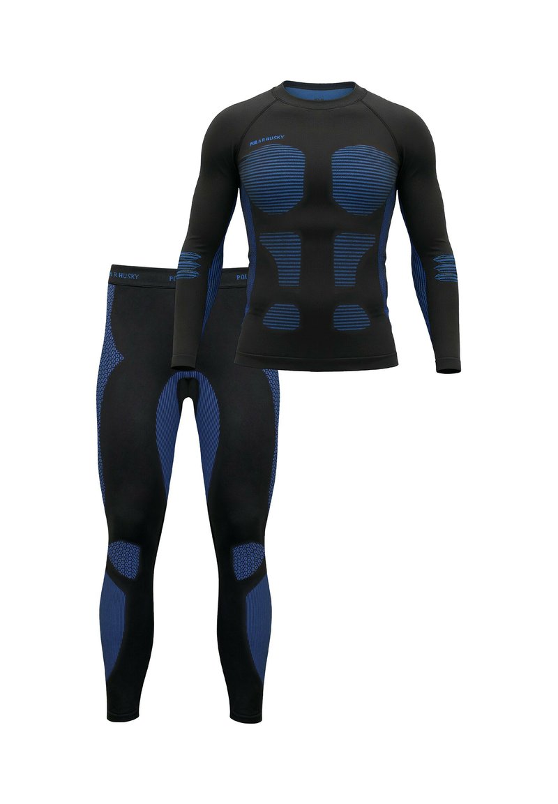 Schwarz-blaues Thermo-Activewear-Set, bestehend aus einem langärmligen Oberteil und Leggings. Mit strukturierten Mustern und enger Passform für mehr Komfort.