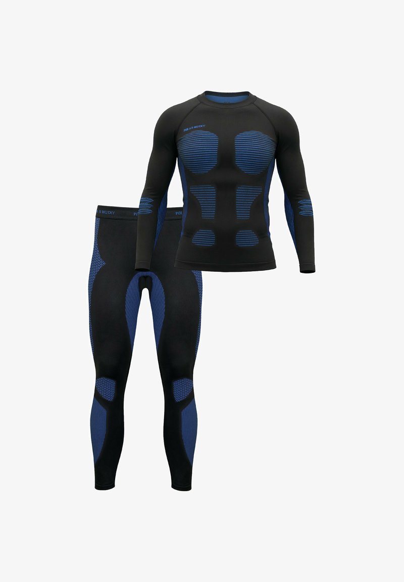 Schwarz-blaues Thermo-Activewear-Set, bestehend aus einem langärmligen Oberteil und Leggings. Mit strukturierten Mustern und enger Passform für mehr Komfort.
