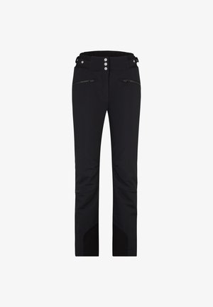 Black outdoor pants with a fitted design, two zippered front pockets, and reinforced lower panels. Made from durable, flexible fabric.