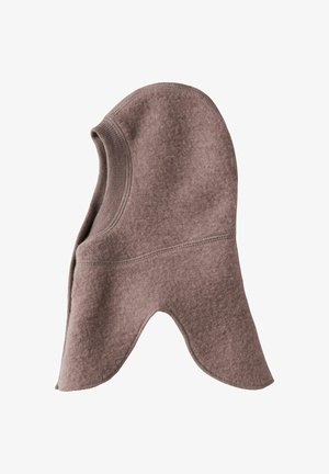 Hnědá fleecová balaclava s bezešvým designem, zaoblenými okraji a stylem se dvěma otvory pro obličej. Měkká textura, minimální švy.