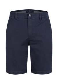Shorts bleu marine en coton, au design classique, avec fermeture à bouton à l'avant et texture lisse, dotés de jambes droites.