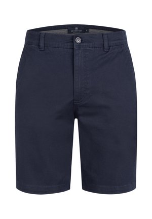 Shorts bleu marine en coton, au design classique, avec fermeture à bouton à l'avant et texture lisse, dotés de jambes droites.