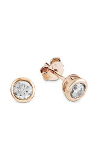 Orecchini a perno in oro rosa con pietre rotonde, trasparenti e sfaccettate, montate in una cornice liscia. Chiusura a pressione per una vestibilità sicura.