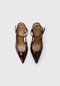 Burgundy kiipuva nahka korkokengät teräväkärkisillä ja säädettävillä nilkkavöillä. Tasainen pinta, jossa on beige pohjallinen ja kultasävyiset solkiyksityiskohdat.