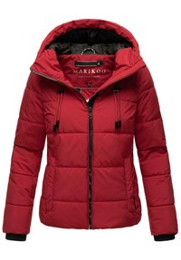 Veste d'hiver matelassée rouge pour femme avec capuche, fermeture éclair à l'avant, cordons de serrage et poches latérales, étiquette Marikoo, taille petite.
