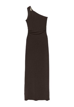 Black one-shoulder floor-length dress with slight ruching at waist and decorative gold embellishments on shoulder strap.