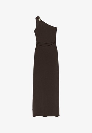 Black one-shoulder floor-length dress with slight ruching at waist and decorative gold embellishments on shoulder strap.