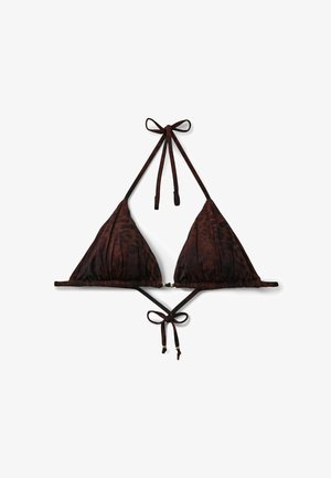 Trojúhelníkový horní díl plavek v tmavě hnědé barvě s jemným zvířecím potiskem. Má nastavitelné zavazování na krku a zádech a texturu látky s nařasením.