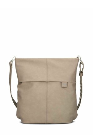 Beige neplederen schoudertas met een gladde textuur, rechthoekige vorm, bovenste flap en een geweven schouderband. Subtiel merklogo detail.