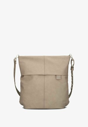 Borsa a spalla in ecopelle beige con una texture liscia, forma rettangolare, patta superiore e tracolla intrecciata. Dettagli del logo del brand in modo sottile.