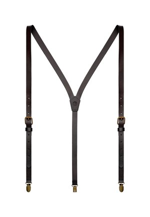 Svarte lær suspensjoner i Y-form med justerbare stropper og metallklips på hvit bakgrunn.