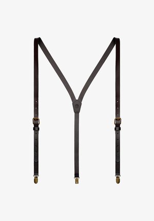 Black leather Y-shaped suspenders with adjustable straps and metal clips on a white background.