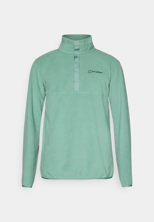 Vaalea vihreä fleece-pullon ylös, jossa on korkea kaulus, puoli-vetoketju-suljenta ja musta logo rinnassa. Sileä tekstuuri ja tiukat pitkät hihat.
