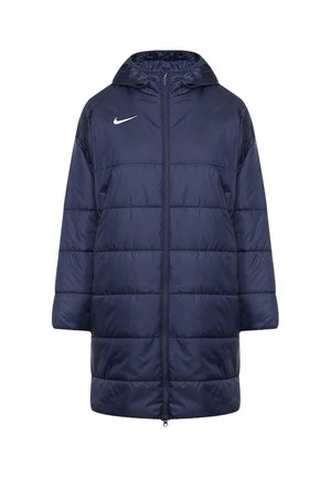 Dunkelblauer, wattierter Wintermantel mit Kapuze, Frontreißverschluss und kleinem weißem Nike-Logo auf der Brust.