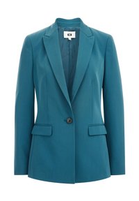 Tyrkysový propracovaný blazer s klopovým límcem, zapínáním na jeden knoflík, dvěma p�ředními kapsami a hladkým povrchem. Navržený s přiléhavým střihem.