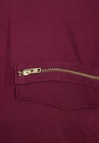 Tessuto borgogna con una finitura liscia, caratterizzato da una cerniera dorata sul lato e da una piccola tasca nella parte superiore sinistra.
