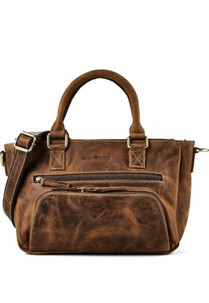Bolso de mano de cuero marrón con dos asas, correa de hombro ajustable, bolsillo frontal con cremallera y logo "Greenburry" en relieve en el centro.