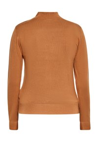 Brauner, gestrickter Pullover mit hohem Kragen, langen Ärmeln, gerippten Bündchen und Saum. Glatte Textur in einer einheitlichen Farbe ohne Muster oder Akzente.