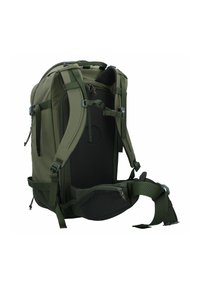 Mochila verde con múltiples correas, un compartimento con cremallera y soporte trasero acolchado. Fabricada con un material duradero y con características ajustables.