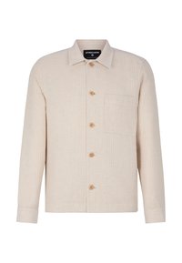 Giacca camicia di colore crema realizzata in tessuto testurizzato, con chiusura a bottoni, tre bottoni visibili e una tasca sul petto.