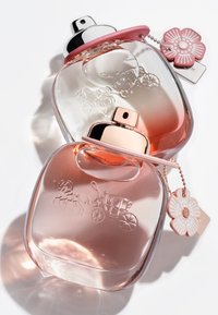 Two glass perfume bottles, one clear and one pink, with silver and pink caps, featuring embossed horse and carriage design and floral tag.