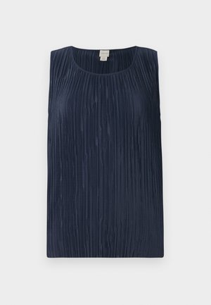 Navy blue sleeveless top featuring a textured pleated design, round neckline, and soft, smooth fabric. No visible hardware or embellishments.
