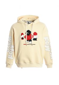 Sudadera beige con bolsillo frontal, que presenta tres figuras estilizadas en rojo, negro y blanco, y el texto "Mod Wave Movement" en las mangas y el pecho.