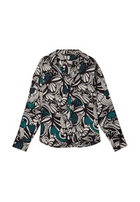 Zwarte blouse met lange mouwen, versierd met een bloemenpatroon in wit en teal, met knopen aan de voorkant en een klassieke kraag. Gemaakt van zachte stof en heeft een ontspannen pasvorm.