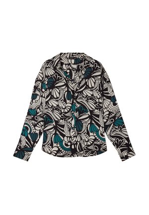 Langarmblouse in zwart met een witte en teal bloemenpatroon, met een notch-kraag en knoopsluiting. Gladde, lichte stof.
