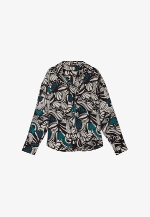 Langärmlige Bluse in Schwarz mit weißem und türkisfarbenem Blumenmuster, mit einem Spitzkragen und Knopfverschluss. Aus glattem, leichtem Stoff.