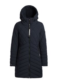 Gevoerde donkerblauwe jas met capuchon, voorzien van een ritssluiting, chevronstiksel en twee ritszakken aan de zijkant.