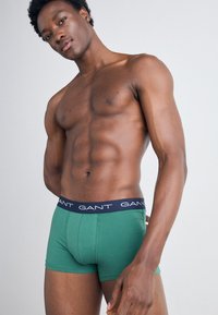Boxers verdes con una cinturilla azul marino que presenta el logo 'GANT' en blanco. La tela parece suave y elástica. El modelo tiene un físico tonificado.