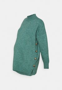 Pulover de maternitate tricotat, într-o nuanță verde teal, cu guler înalt, butoane laterale, croială lejeră și manșete ribbrate, având o textură moale.