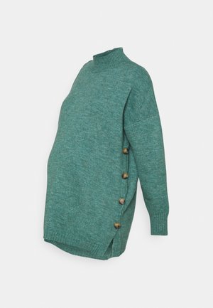 Strik-maternity sweater i tealgrøn, med højt halsudskæring, sideknapper, løs pasform og ribbede manchetter med en blød tekstur.