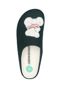 Black felt slipper featuring a white bear design with red and white striped details. Soft interior lining for comfort. Logo visible at the bottom.