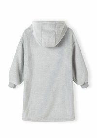 Lichtgrijze fleece jas met een capuchon, met een zachte textuur, verlaagde schouders en ribgebreide manchetten. Geen zichtbare sluitingen of patronen.