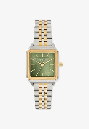 Montre carrée avec un cadran vert, des accents dorés et un bracelet en maillons métalliques argentés et dorés. Dispose d'aiguilles et de marqueurs d'heure en argent.