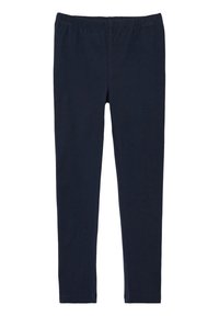 Marineblauwe katoenen leggings met een elastische tailleband, een gladde textuur en een getailleerd ontwerp. Geen zichtbare patronen of hardwaredetails.