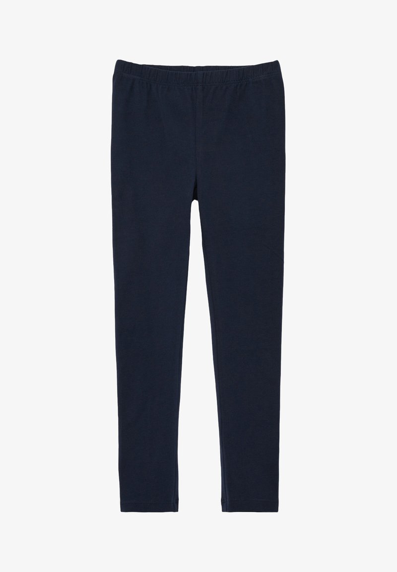 Navyblaue Baumwollleggings mit elastischem Bund, glatter Textur und taillierter Passform. Keine sichtbaren Muster oder Hardware-Details.