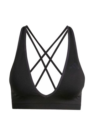 Zwarte sportbeha met diepe V-hals en meerdere kruislingse dunne bandjes aan de achterkant, gemaakt van glad rekbaar stof.