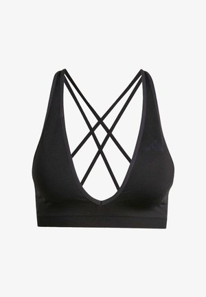Zwarte sportbeha met diepe V-hals en meerdere kruislingse dunne bandjes aan de achterkant, gemaakt van glad rekbaar stof.