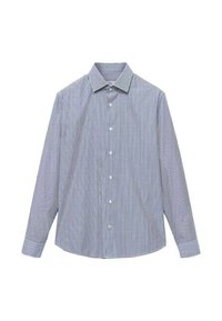 Blauw-wit gestreepte langemouwen blouse met een klassieke kraag, knoopsluiting aan de voorkant en een gebogen zoom. Gemaakt van katoen met een soepele textuur.